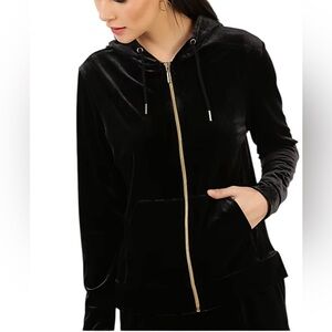 Lilly Pulitzer Velour Full Zip Pockets Hooded Jacket Small Black Gold Hardware